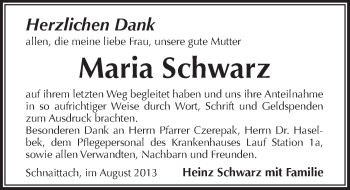 Traueranzeige von Maria Schwarz von Pegnitz-Zeitung